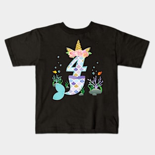 Kids 4 Year Old Unicorn Mermaid Birthday Theme Tail Girl 4Th Kids T-Shirt